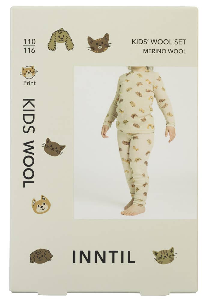 Inntil Ullsett til barn i 100% merinoull Med dyreprint, str 110-116