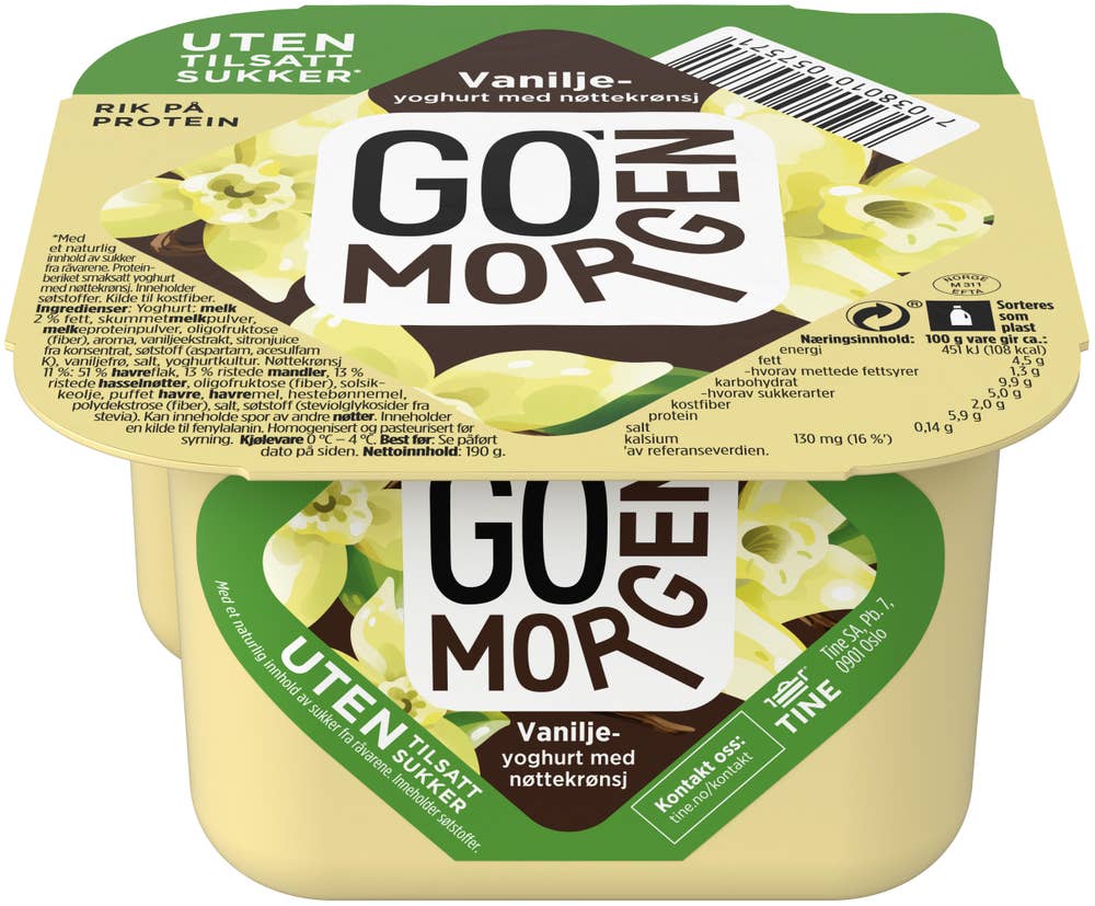Go'morgen vaniljeyoghurt med nøttecrisp Uten Tilsatt Sukker, 190 g