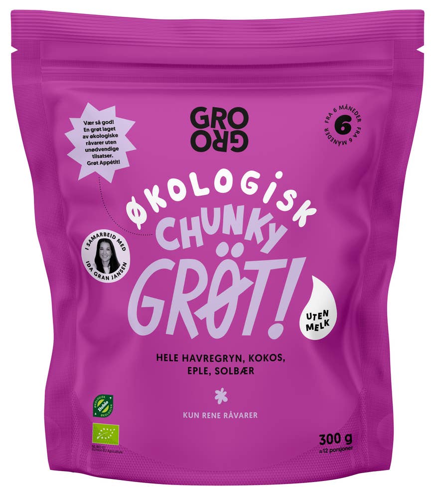 Grogro Pulvergrøt Chunky med eple og solbær, fra 6 mnd