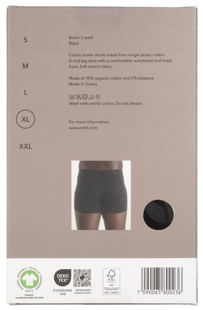 Inntil Bokser i økologisk bomull Sort, str. XL
