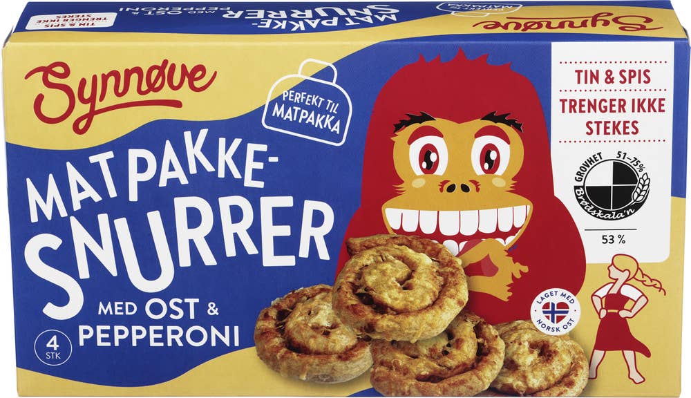 Matpakkesnurrer Ost og pepperoni, 4 stk, 200 g