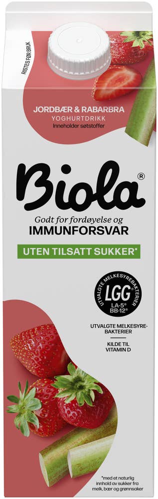 TINE Biola® yoghurtdrikk jordbær & rabarbra Uten Tilsatt Sukker