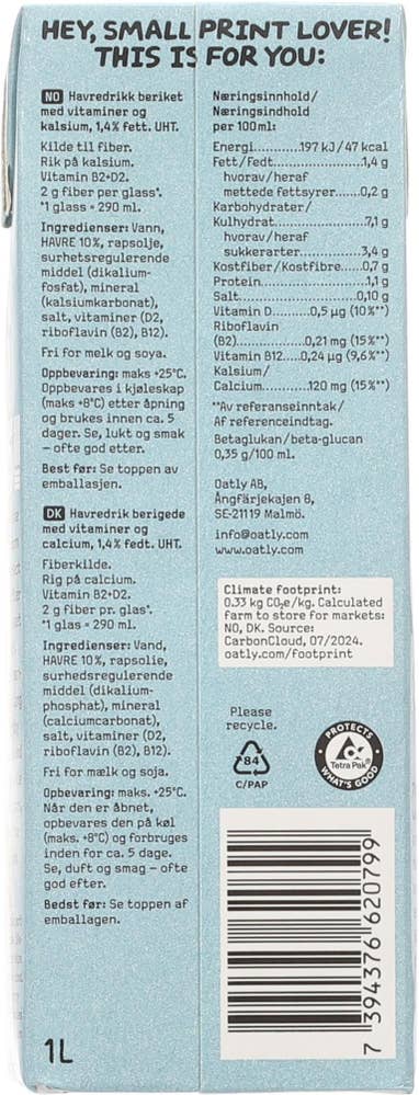 OATLY Havredrikk kalsium 1,5% fett