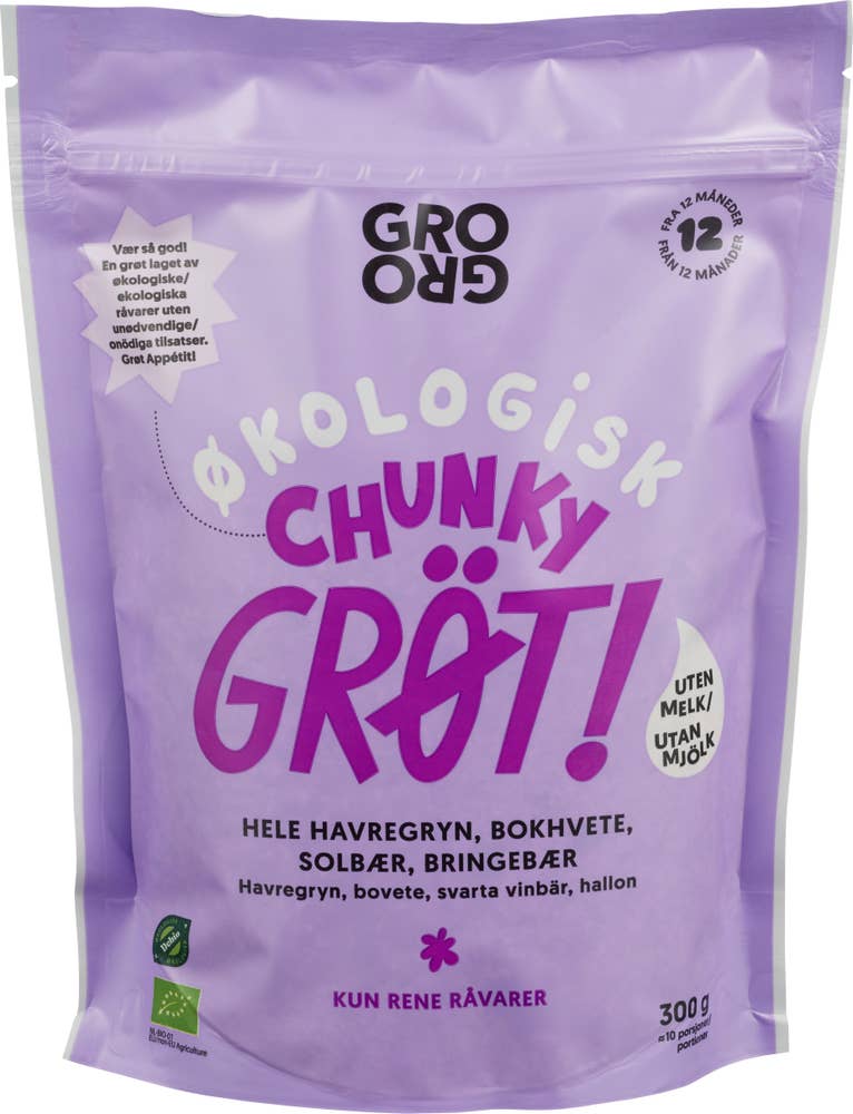Grogro Pulvergrøt Chunky med solbær og bringebær Fra 12 mnd