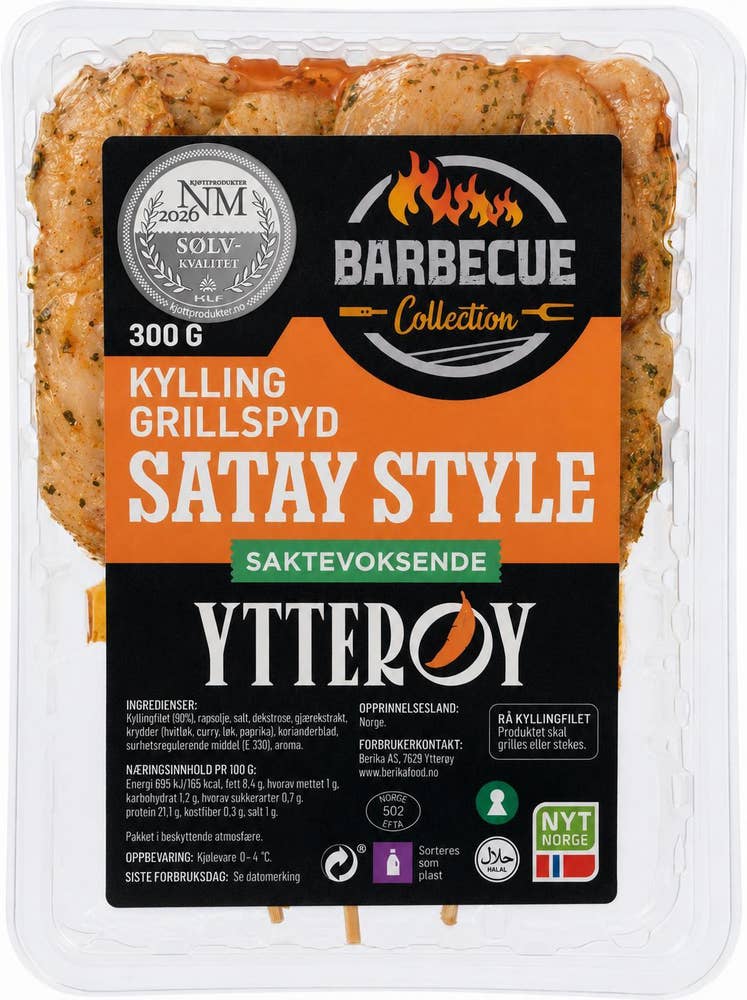 Ytterøy Grillspyd av kyllingfilet satay Rå, Saktevoksende kylling