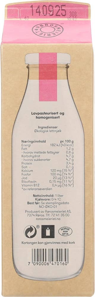 Økologisk Rørosmjølk Lett 1,2% fett