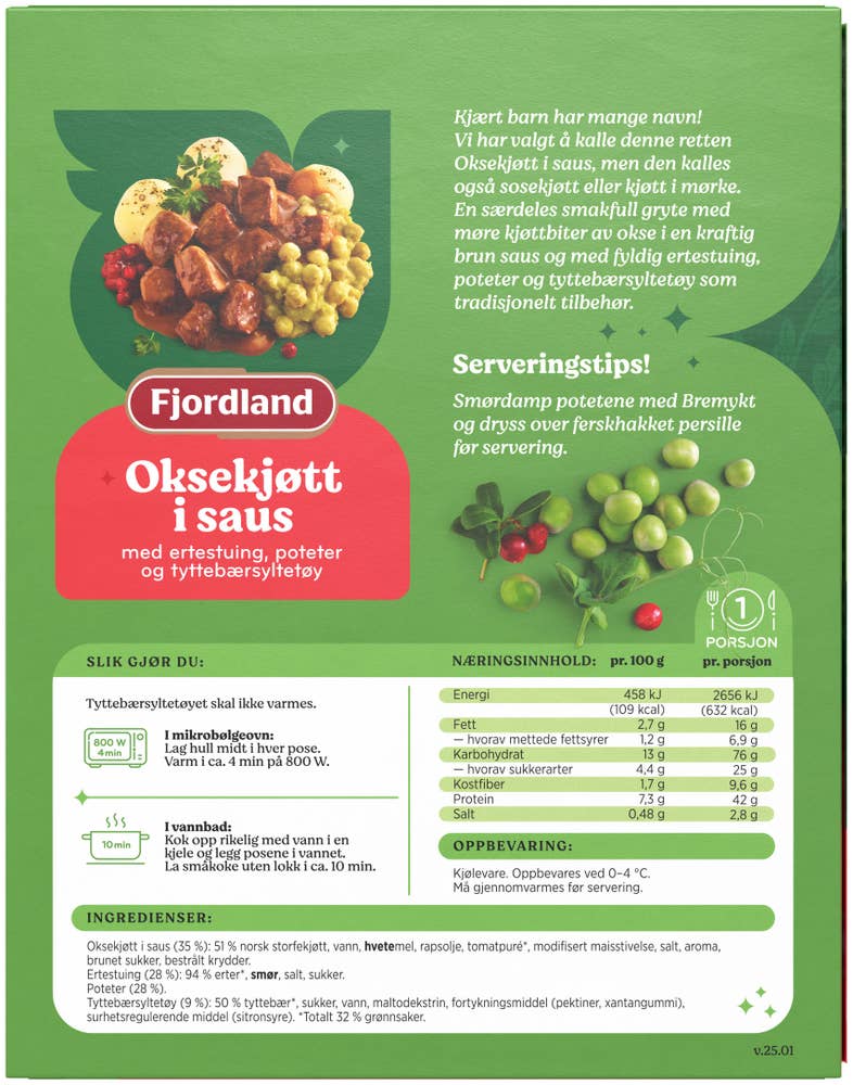 Fjordland Oksekjøtt i saus Med ertestuing, poteter og tyttebærsyltetøy