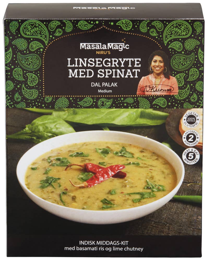 Masalamagic Linsegryte med spinat Indisk middags-kit med basmariris og lime chutney