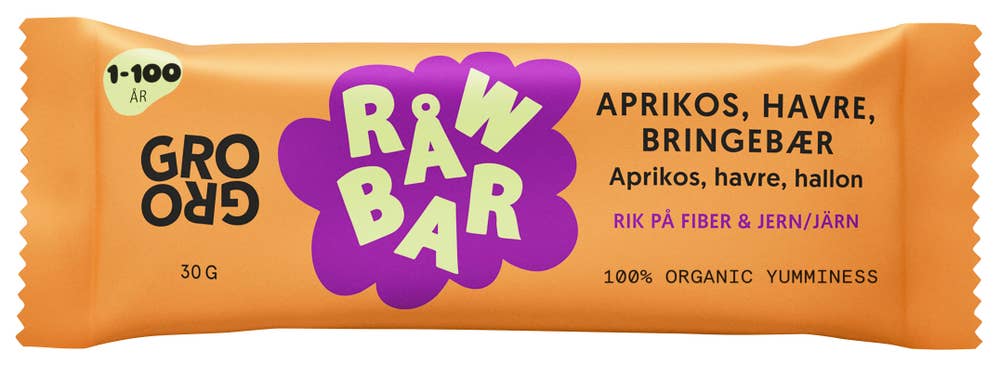 Grogro RÅWBAR med aprikos, havre og bringebær