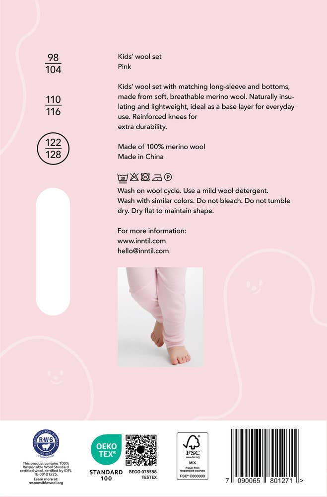 Inntil Ullsett til barn i 100% merinoull Rosa, str 122-128