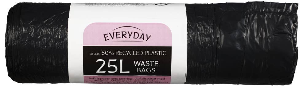 Everyday Avfallspose med snøring Sort, 25l, 80% resirkulert plast