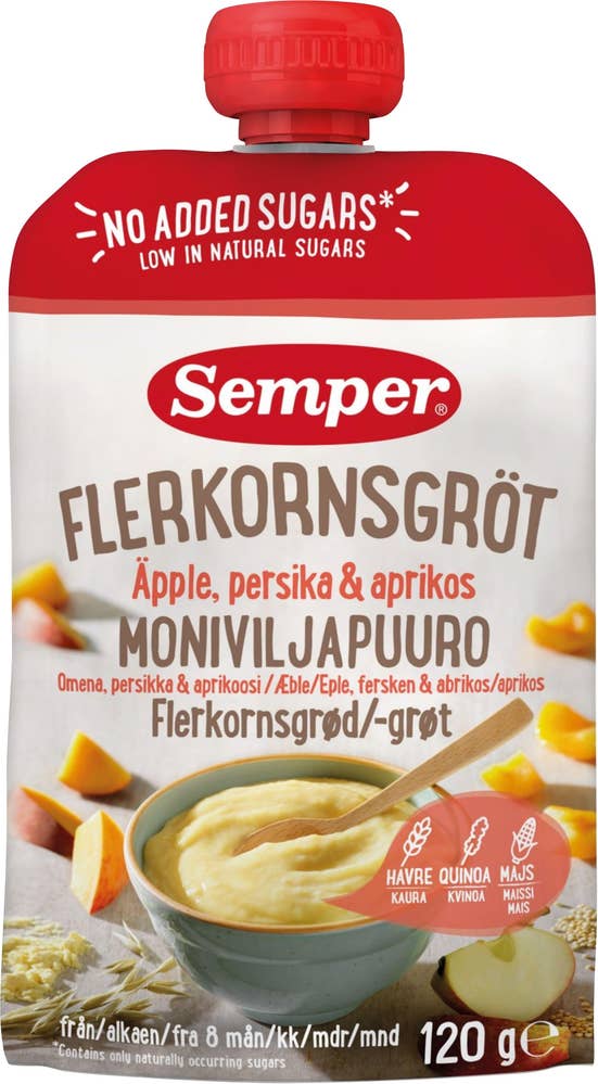SEMPER Flerkornsgrøt eple, fersken og aprikos 8 mnd