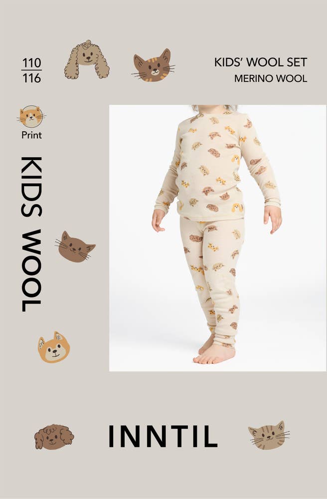 Inntil Ullsett til barn i 100% merinoull Med dyreprint, str 110-116