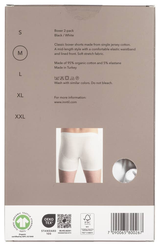 Inntil Bokser i økologisk bomull Sort & hvit, str. M