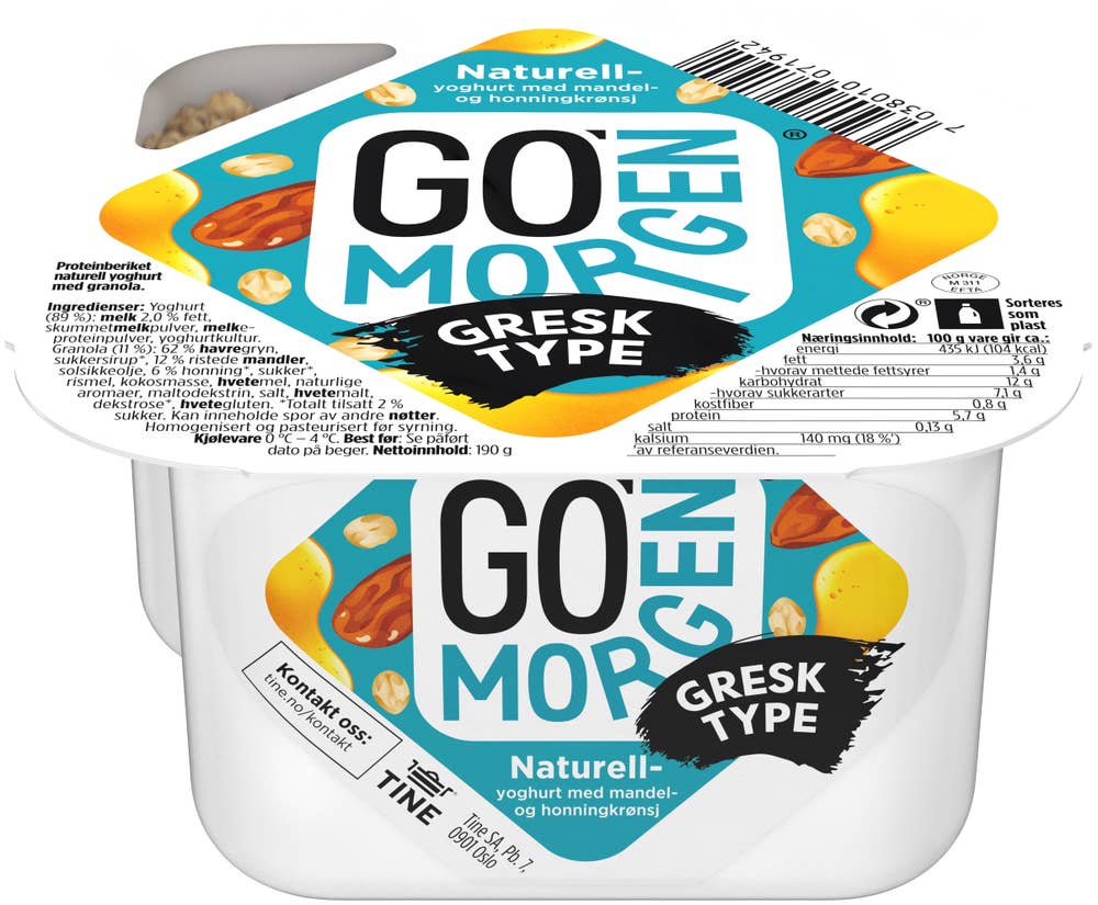 TINE Go'morgen yoghurt gresk type Naturell med mandel og honningkrønsj
