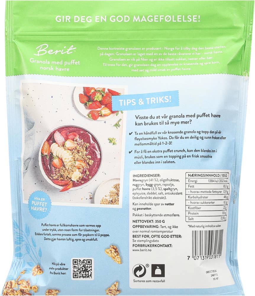 Berit™ Granola med puffet norsk havre