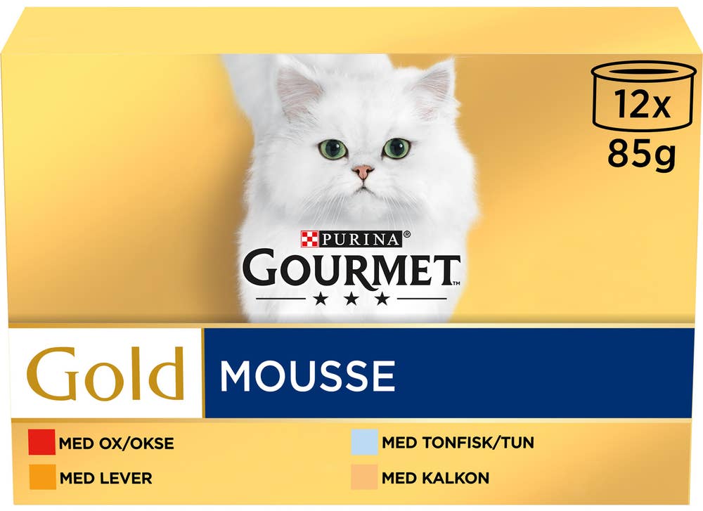 Purina Gourmet Gold Mousse med tunfisk, lever, kalkun og oksekjøtt 12x85g