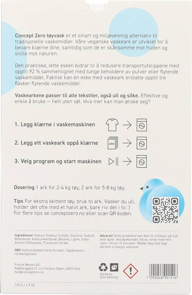 Concept Zero Parfymefrie vaskeark 40stk