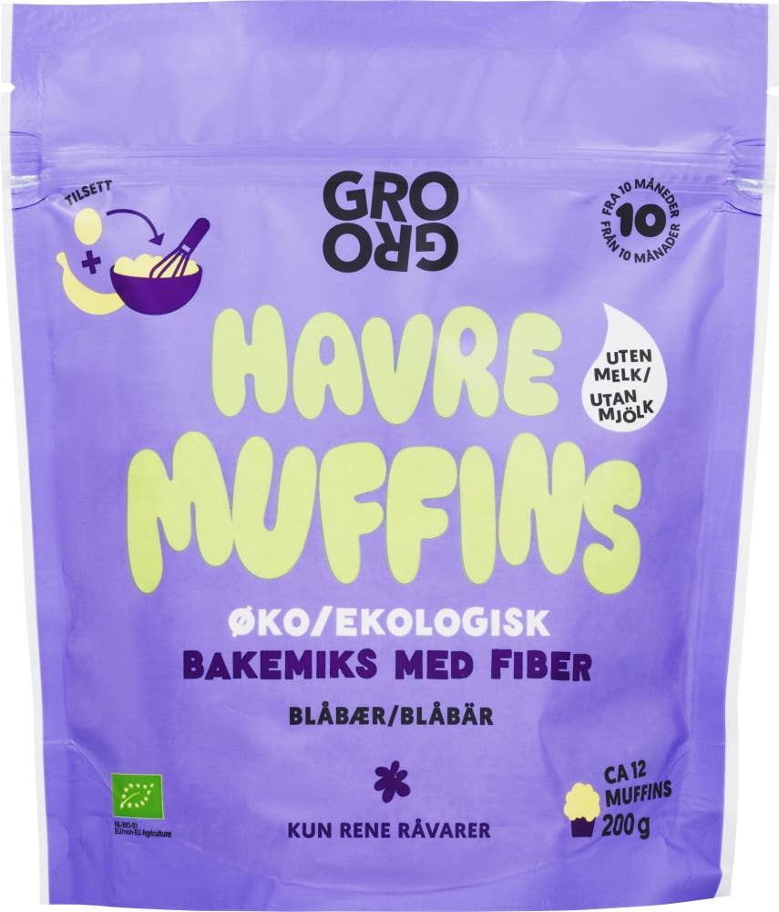 Grogro Økologisk bakemiks muffins med blåbær og kokos Med fiber, Fra 10 mnd