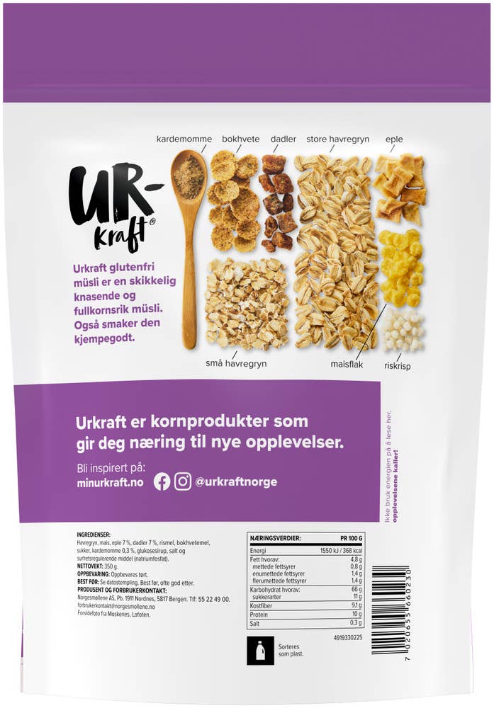 Urkraft Glutenfri müsli Havre, eple, dadler og kardemomme