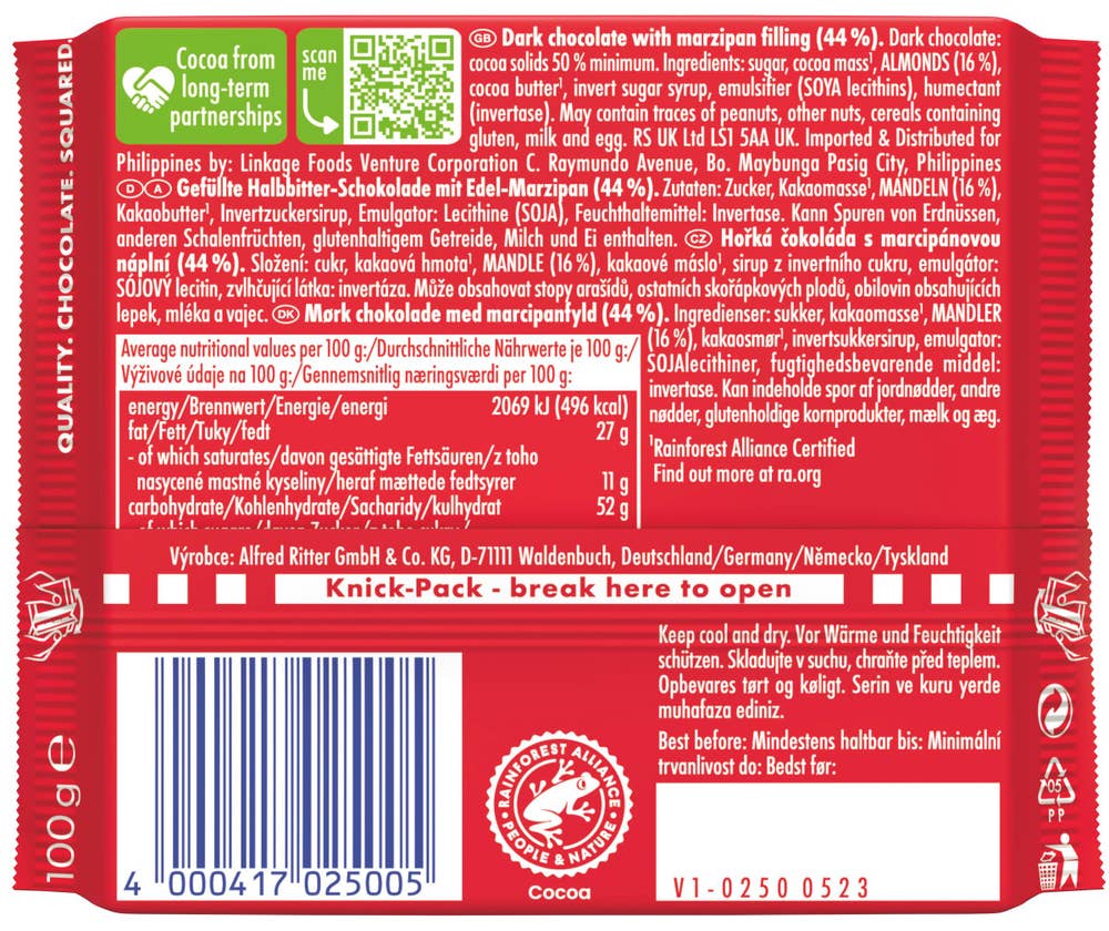 Ritter Sport Melksjokolade med marsipanfyll