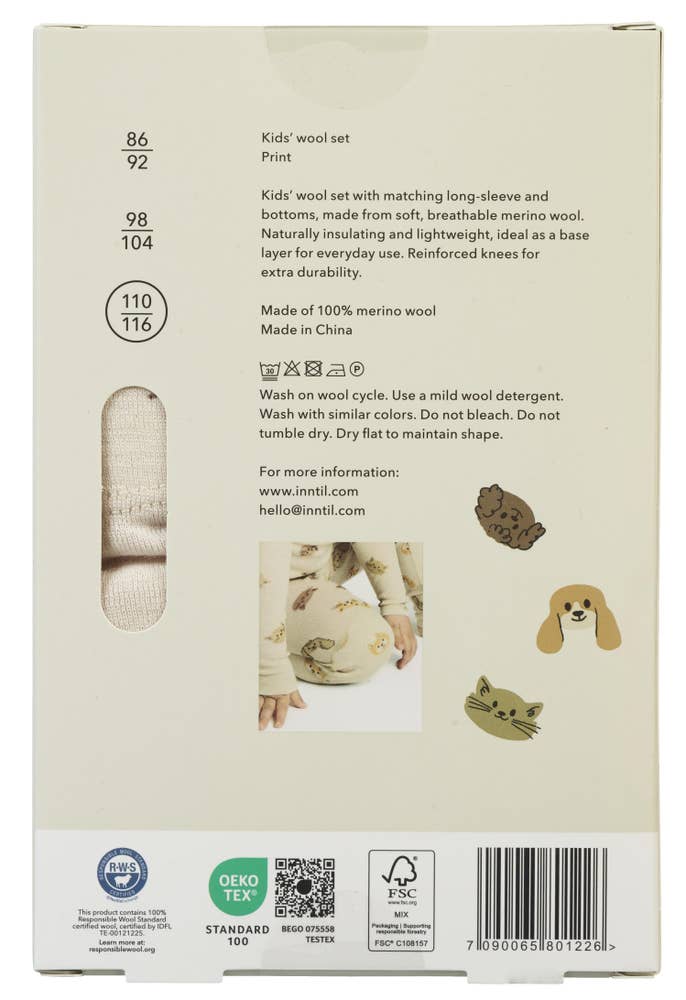 Inntil Ullsett til barn i 100% merinoull Med dyreprint, str 110-116