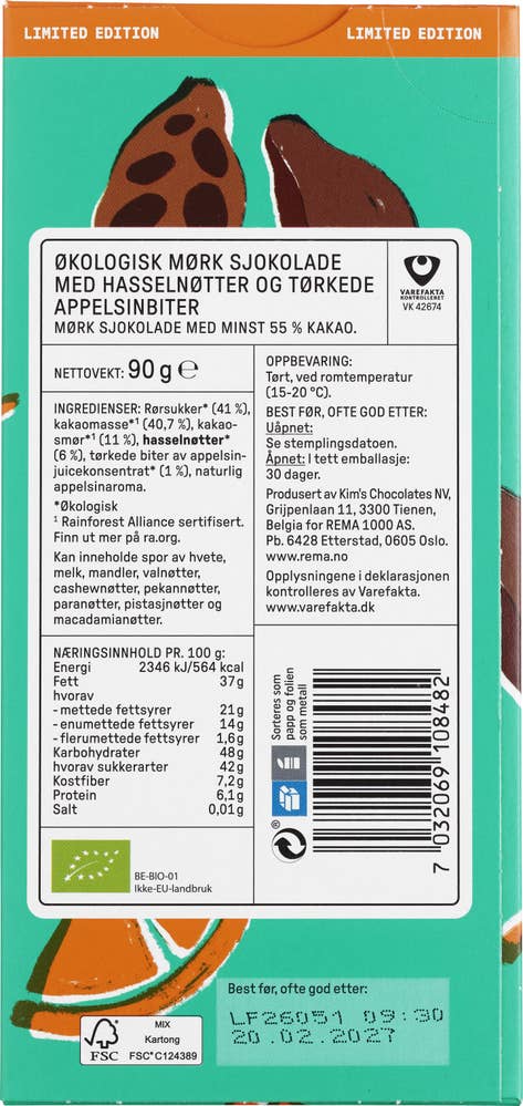 Kolonihagen Økologisk mørk sjokolade appelsin & hasselnøtt