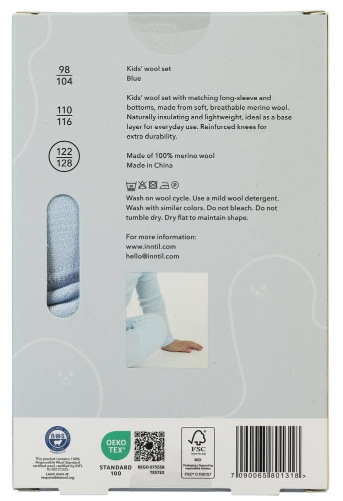 Inntil Ullsett til barn i 100% merinoull Blå, str 122-128