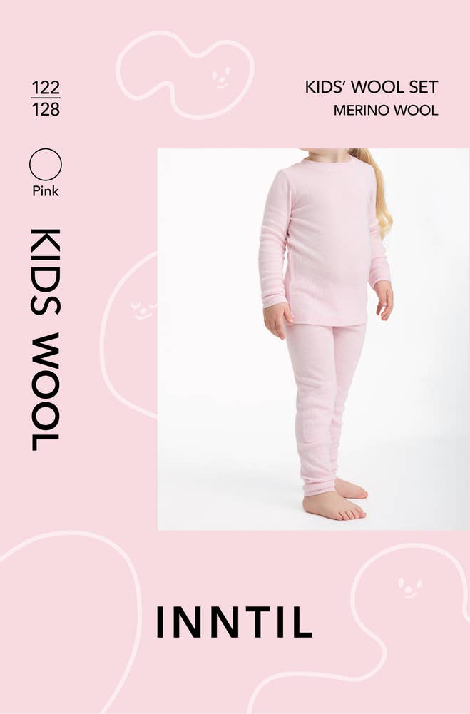 Inntil Ullsett til barn i 100% merinoull Rosa, str 122-128