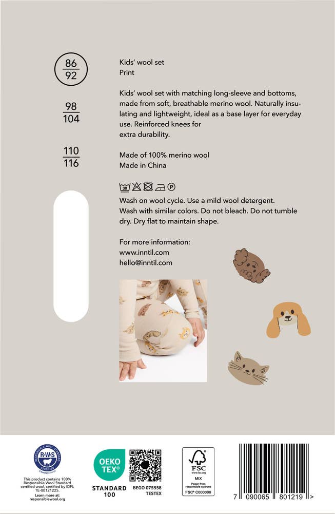 Inntil Ullsett til barn i 100% merinoull Med dyreprint, str 86-92