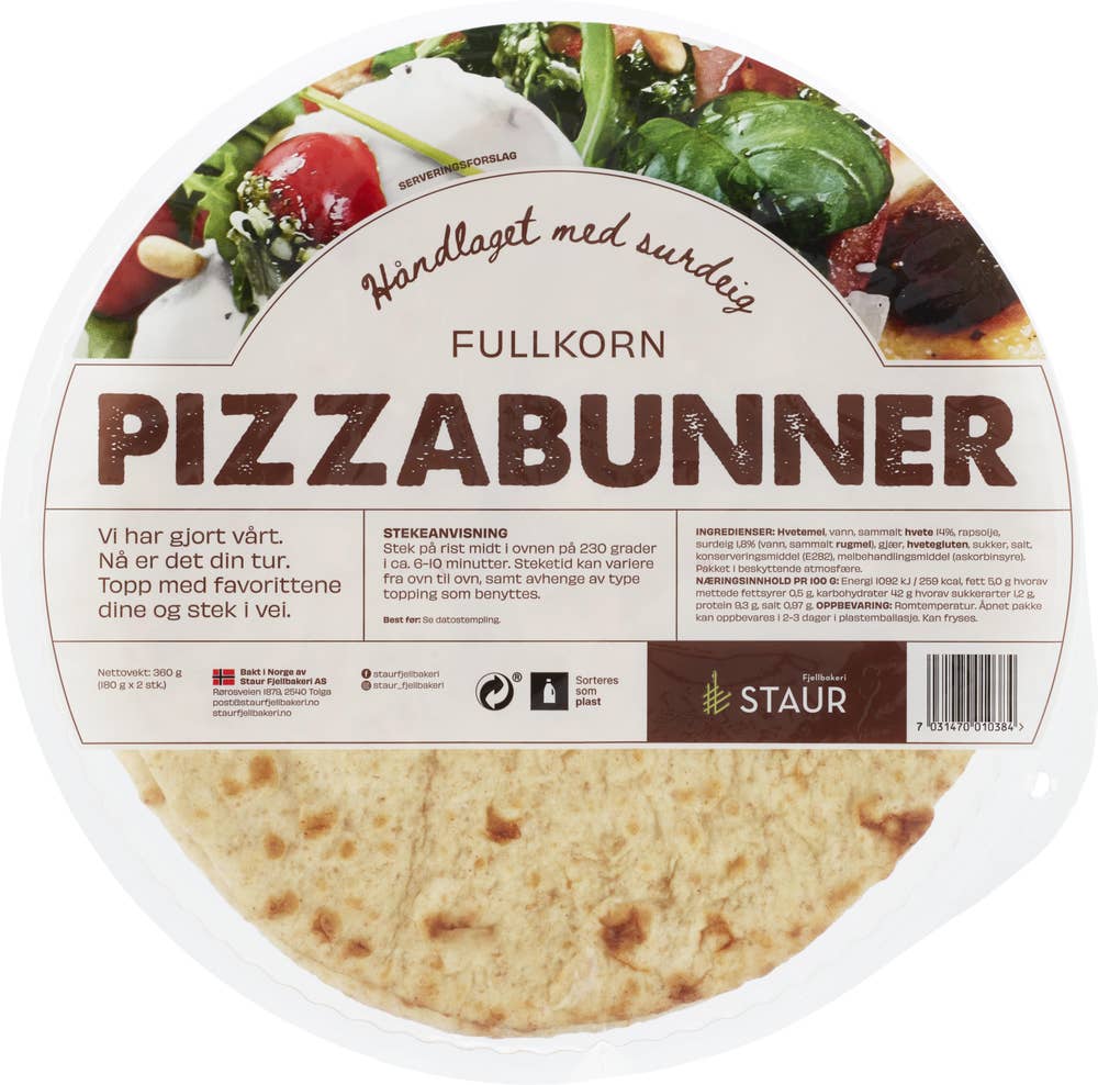 Staur Fjellbakeri Pizzabunn fullkorn ca 29cm 2stk
