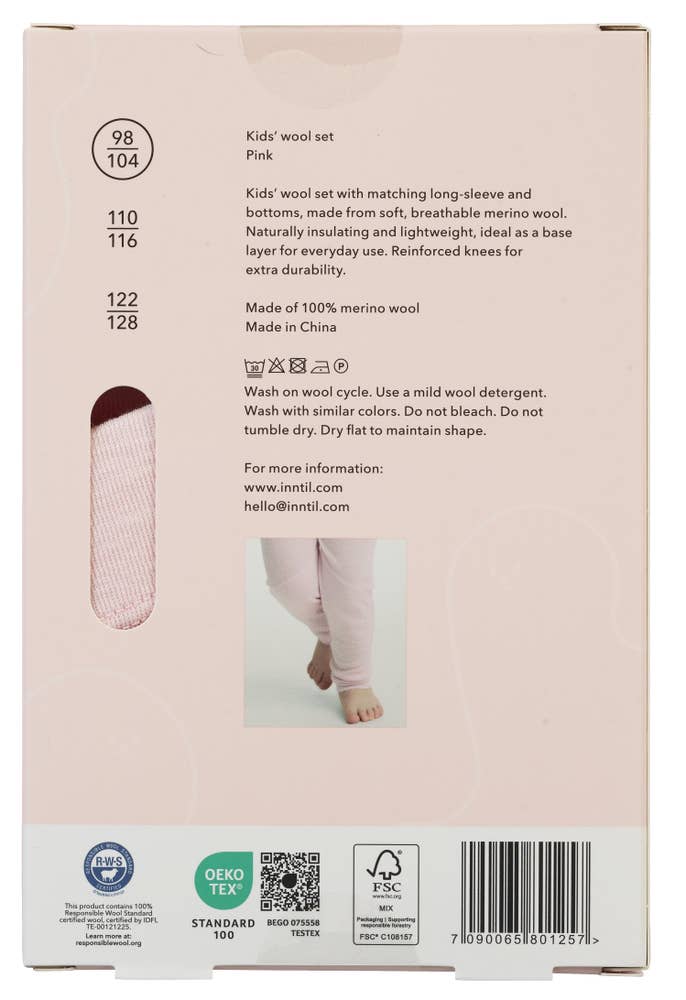 Inntil Ullsett til barn i 100% merinoull Rosa, str 98-104