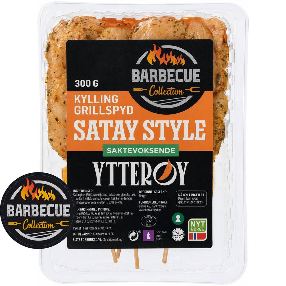 Ytterøy Grillspyd av kyllingfilet satay Rå, Saktevoksende kylling