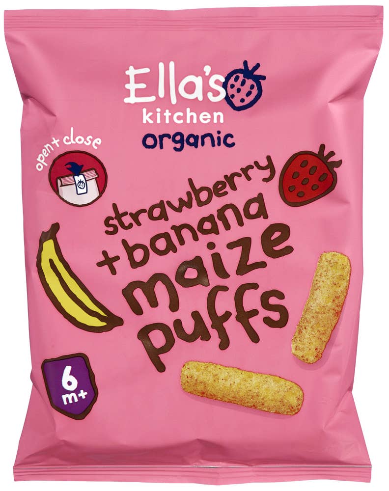 Økologiske maizepuffs med jordbær og banan Fra 6 mnd, 20 g