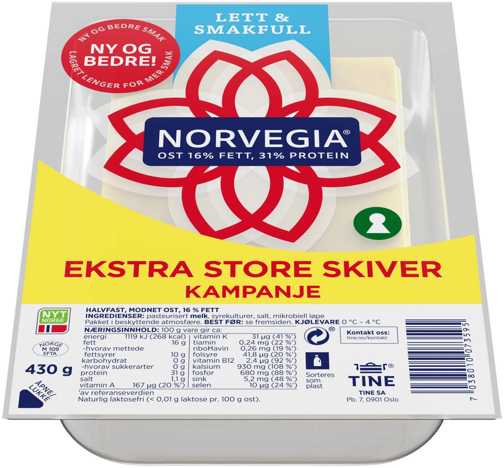 TINE Norvegia Lett & Smakfull skivet Ekstra store skiver, Partivare