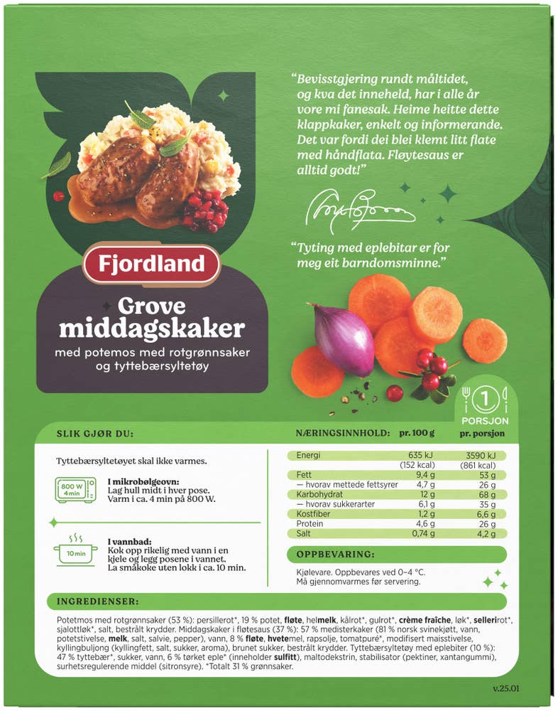 Fjordland Brimis grove middagskaker Potetstappe med rotgrønnsaker og tyttebærsyltetøy med eplebiter