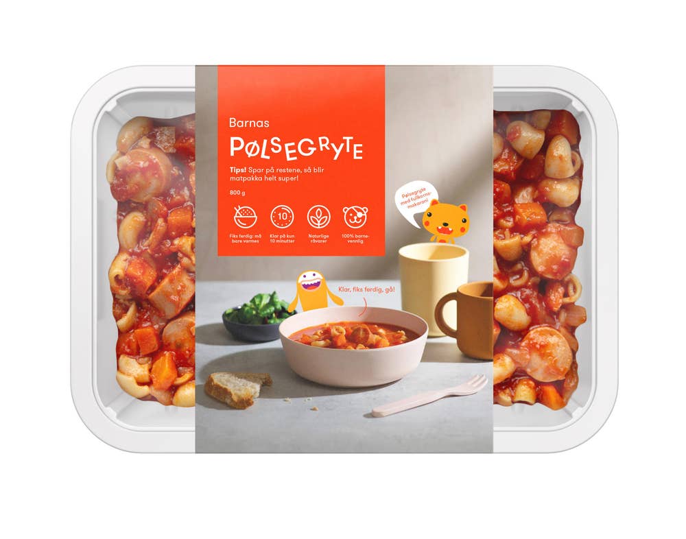 Barnas pølsegryte i tomatsaus med fullkornsmakaroni Fiks ferdig, 2 porsjoner, 800 g
