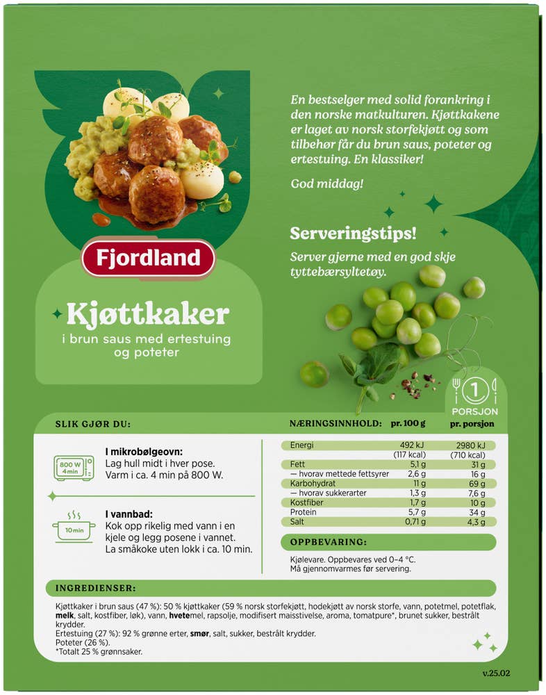 Fjordland Kjøttkaker Med ertestuing og poteter