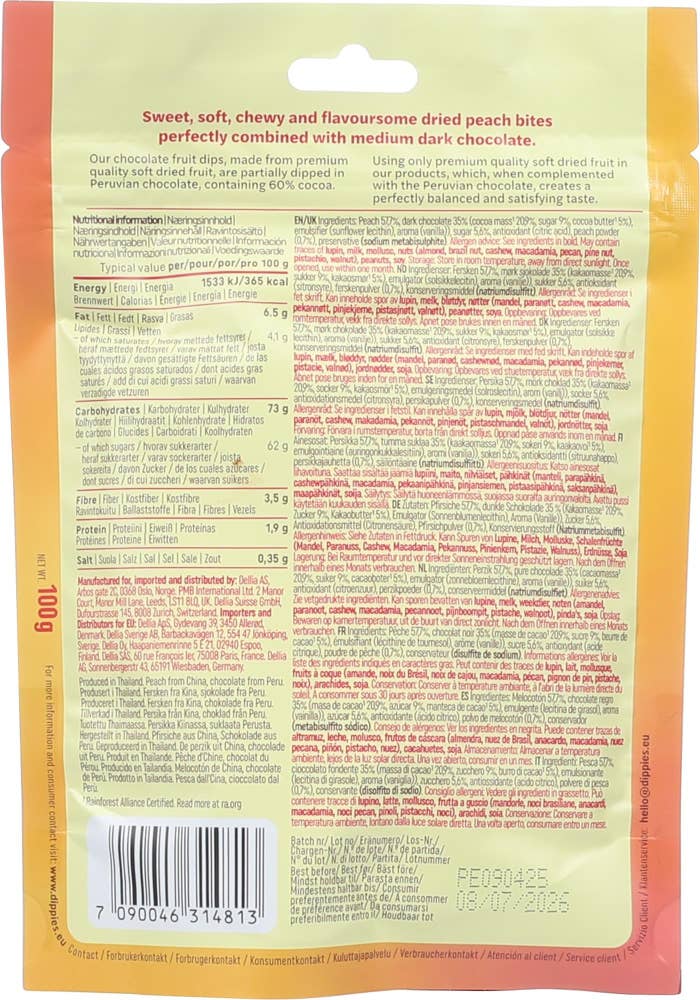 Dippies Tørket fersken dyppet i sjokolade