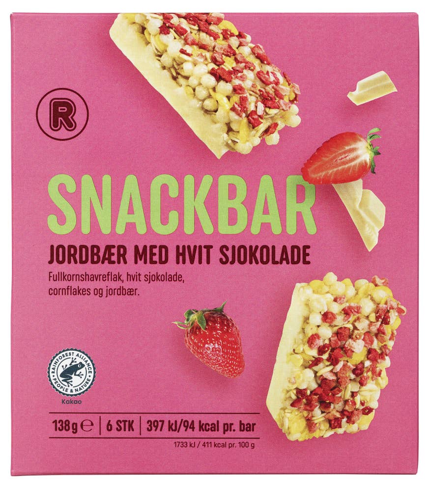 R Snackbar med jordbær og hvit sjokolade 6pk