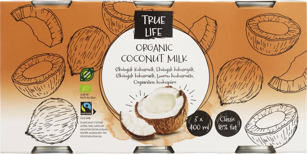 True Life Økologisk kokosmelk 18%, 3x400ml