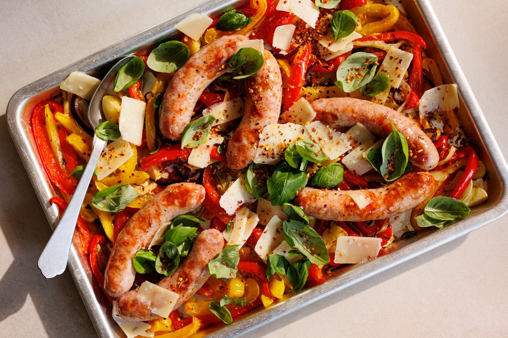 Tray bake med salsiccia, paprika og fennikel