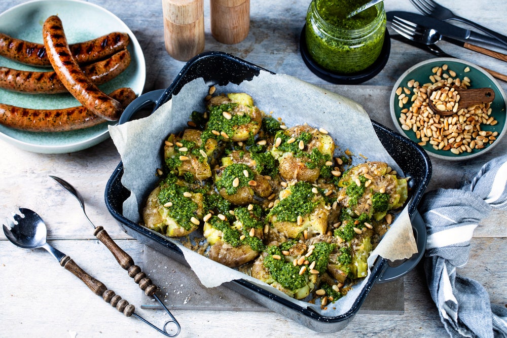 Knuste poteter med pesto