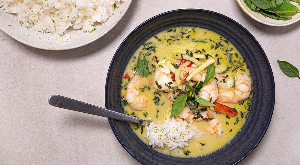 Green thai currygryte med tigerreker