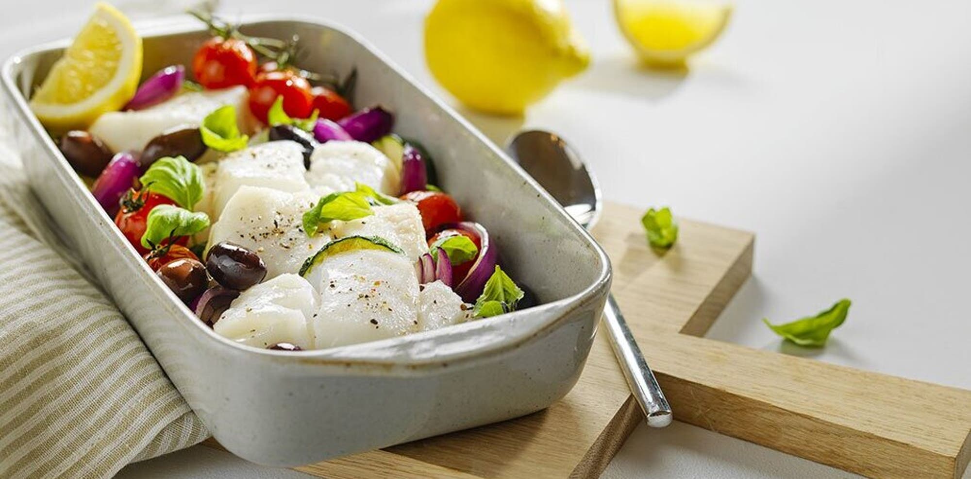 Ovnsbakt torsk med grønnsaker og potetmos