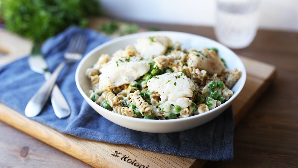 Kremet pasta med torsk og erter