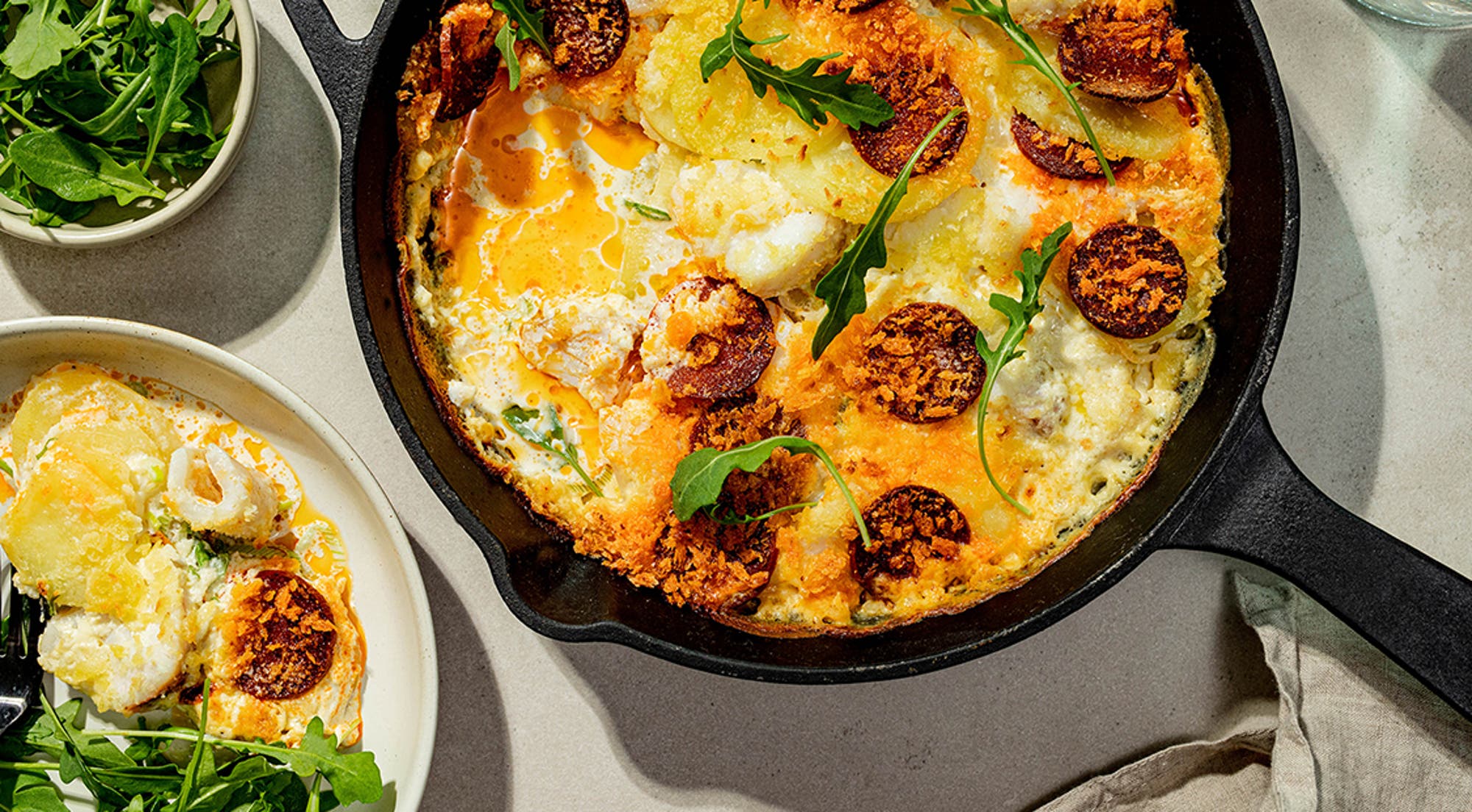 Kremet torsk- og potetform med chorizo
