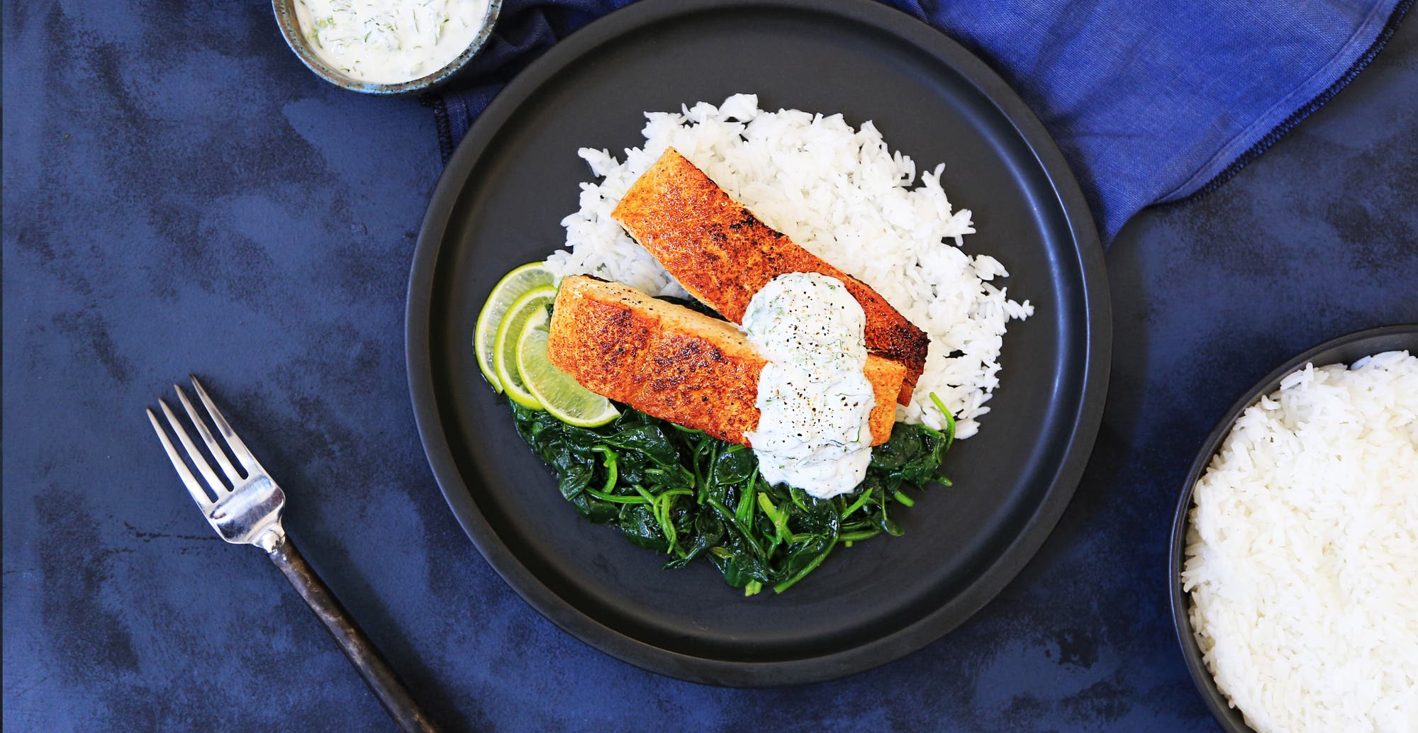 Tandoorilaks med spinat og ris