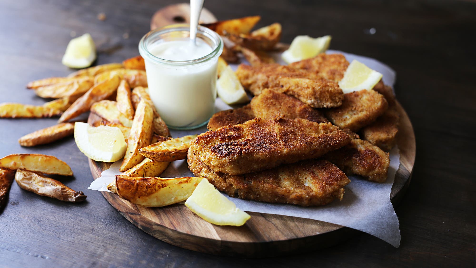 Hjemmelagde fiskepinner med sprø potetbåter