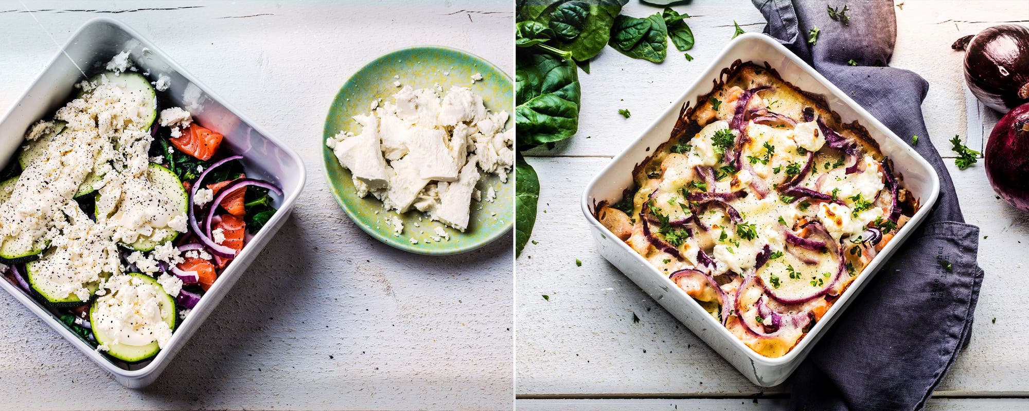 Hjemmelaget lasagne med fetaost, laks og spinat